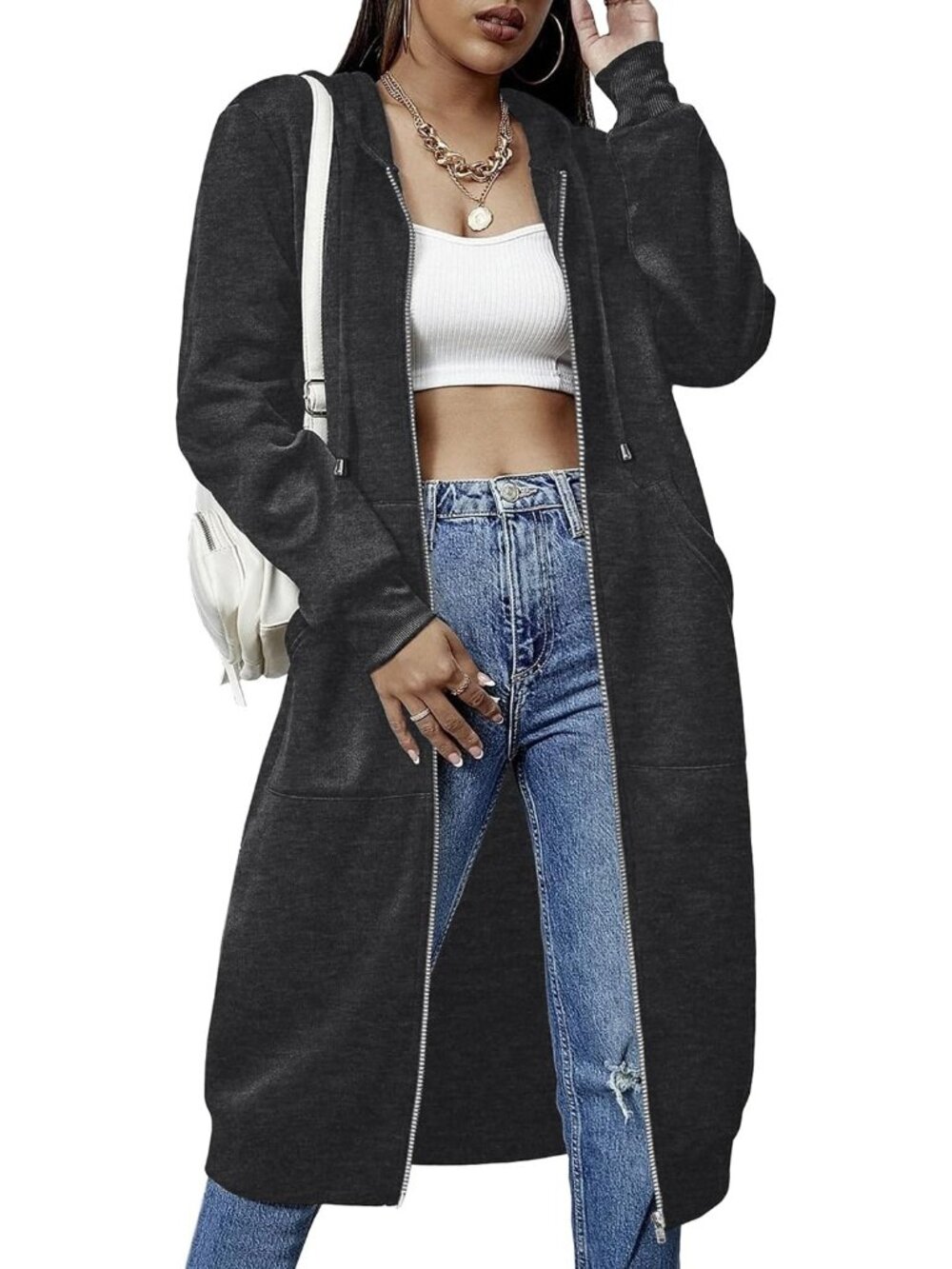 〽️Women Dark Grey Casual Zip Up Fleece Tunic Oversized Pocket Long Hoodie Jacket